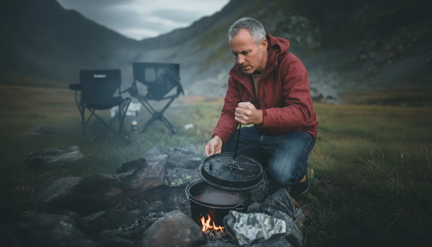 Ein Mann mit Dutch Oven am Lagerfeuer.