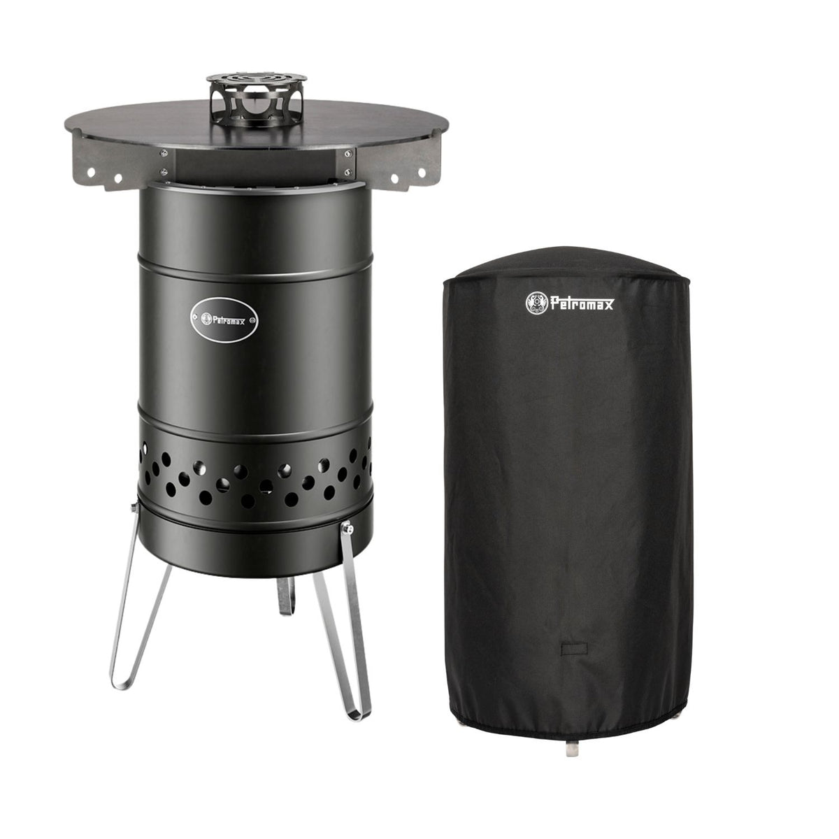 Feuertonne Pyron Black Edition + Grillplatte + Abdeckhaube